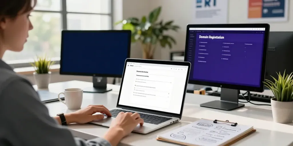 Domain registration UK process depicted in a modern workspace with a user-friendly setup.
