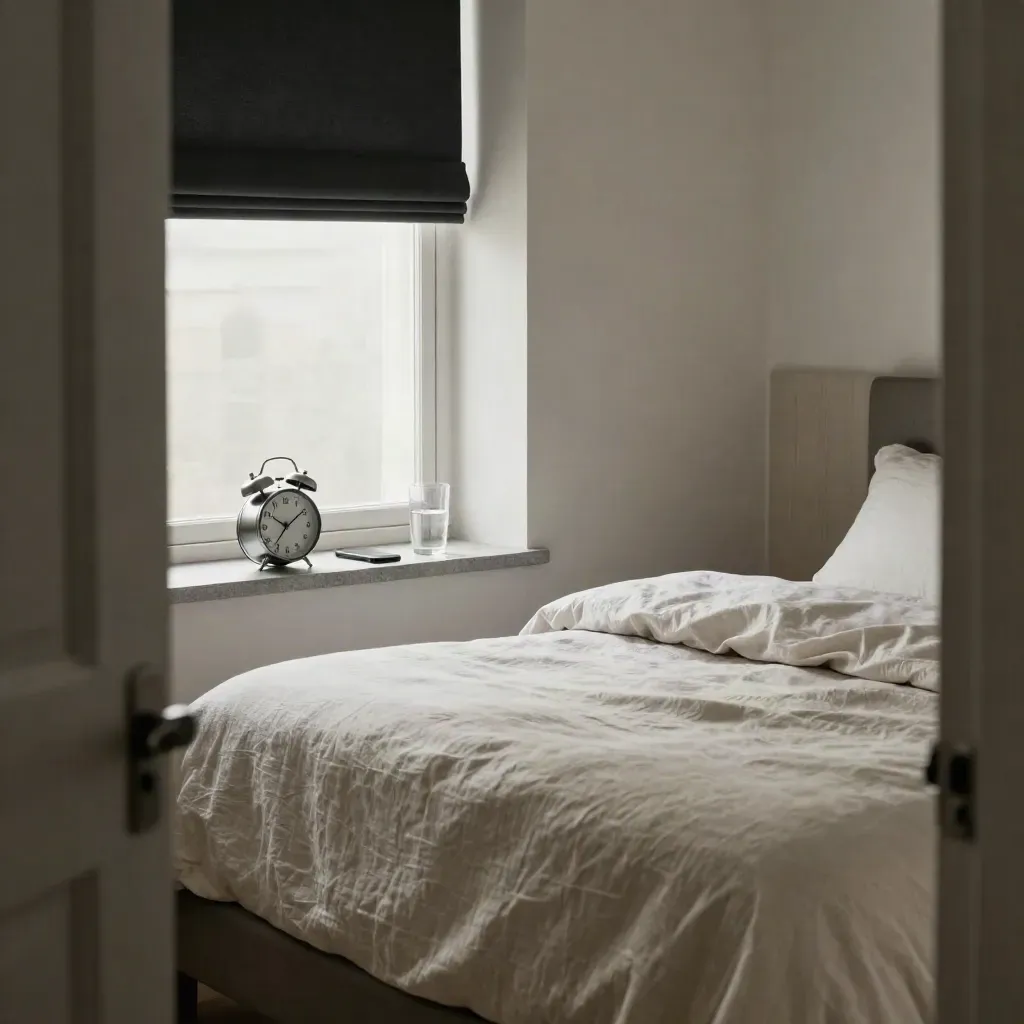 Bedside reset corner with blackout blind, alarm clock, face-down phone and water in soft morning light