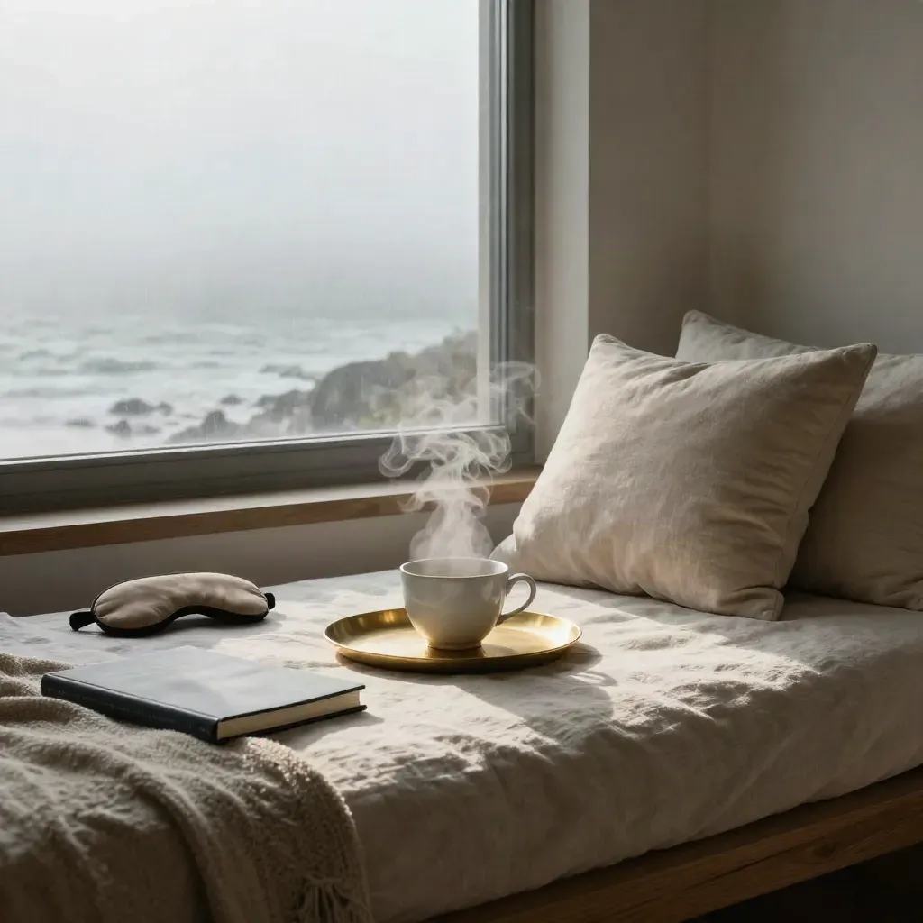 Moody wellness room with linen daybed, tea service, journal, brass tray and fogged window at dawn.