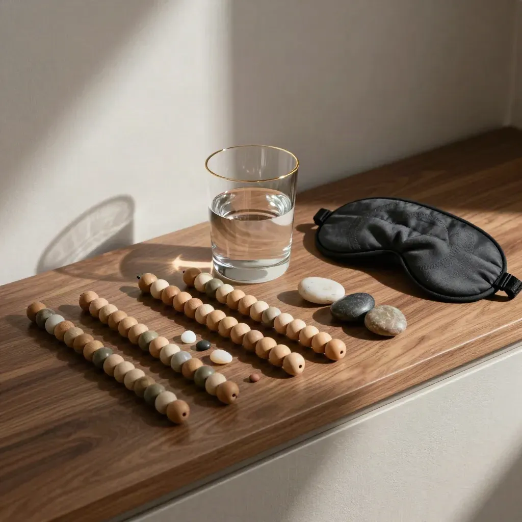 Top-down still life of beads, pebbles, water glass and sleep mask on walnut wood.