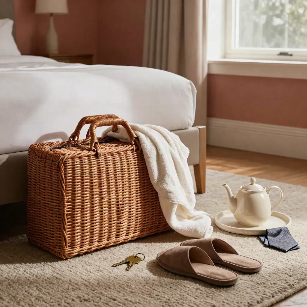 Wicker overnight bag with robe, slippers, teapot and brass key fob at a retreat suite bedfoot.