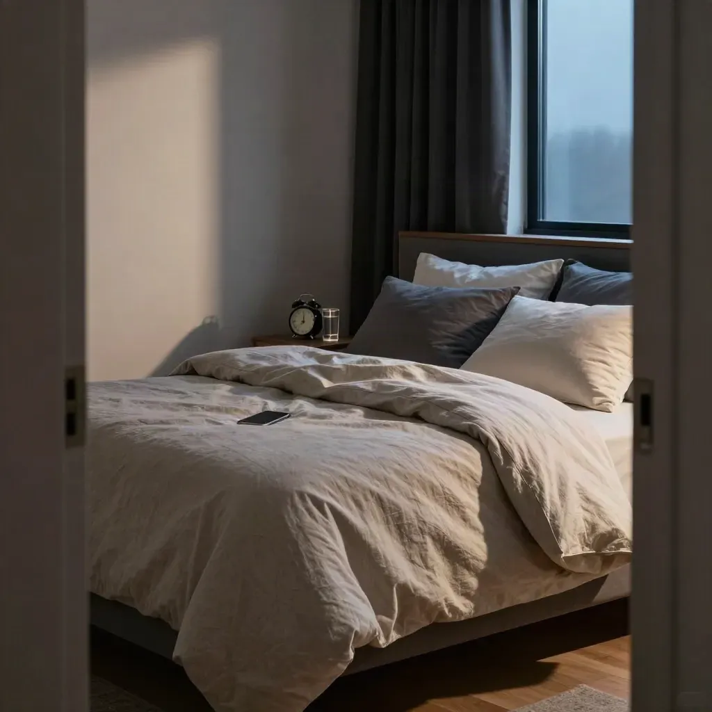 Blackout bedroom at dawn with linen bedding, alarm clock, phone and water glass