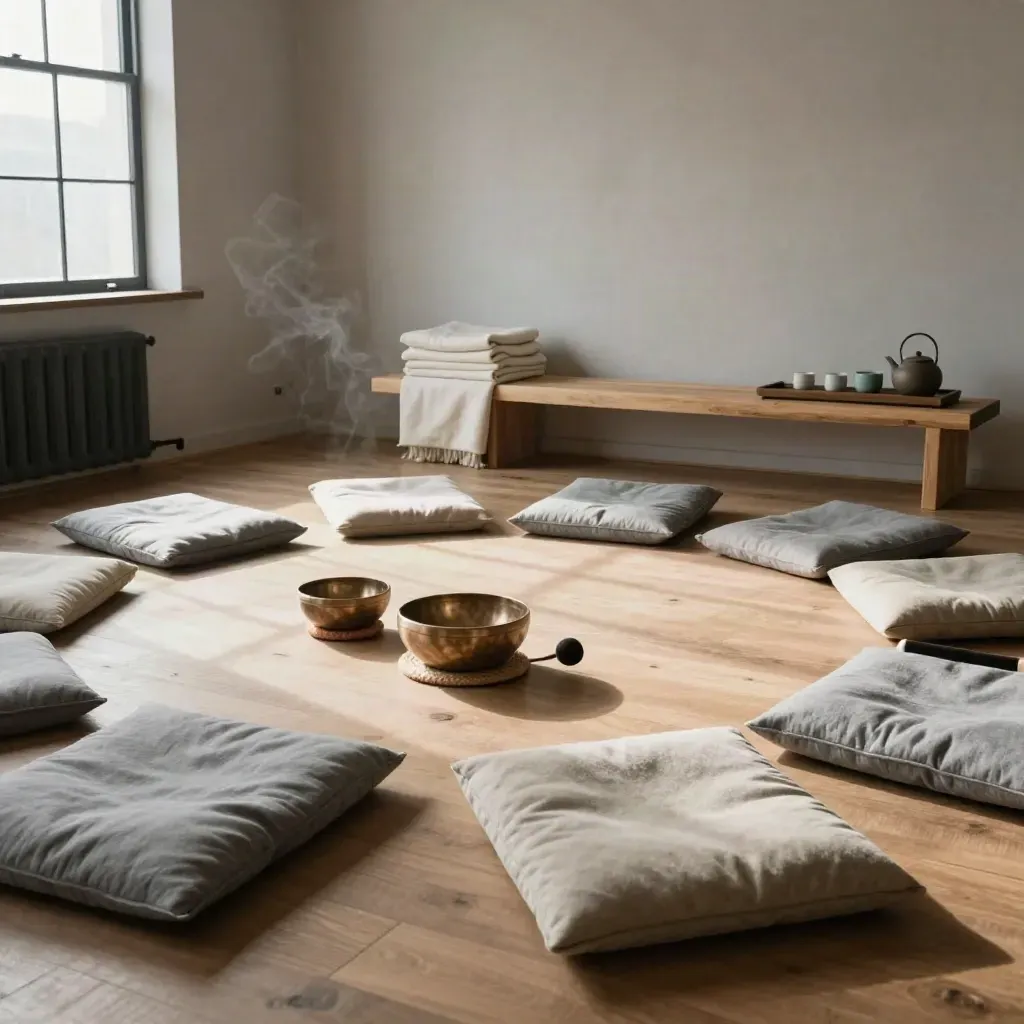 Empty workshop studio reset with cushions, tea, singing bowl and folded blankets in warm afternoon light.
