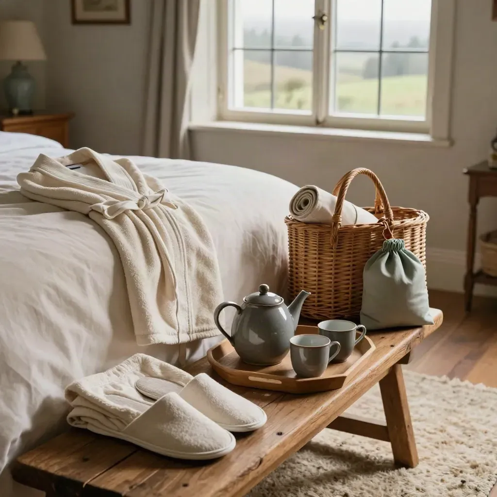 Country-inn retreat setup with slippers, robe, teapot, wicker bag and misty window light.