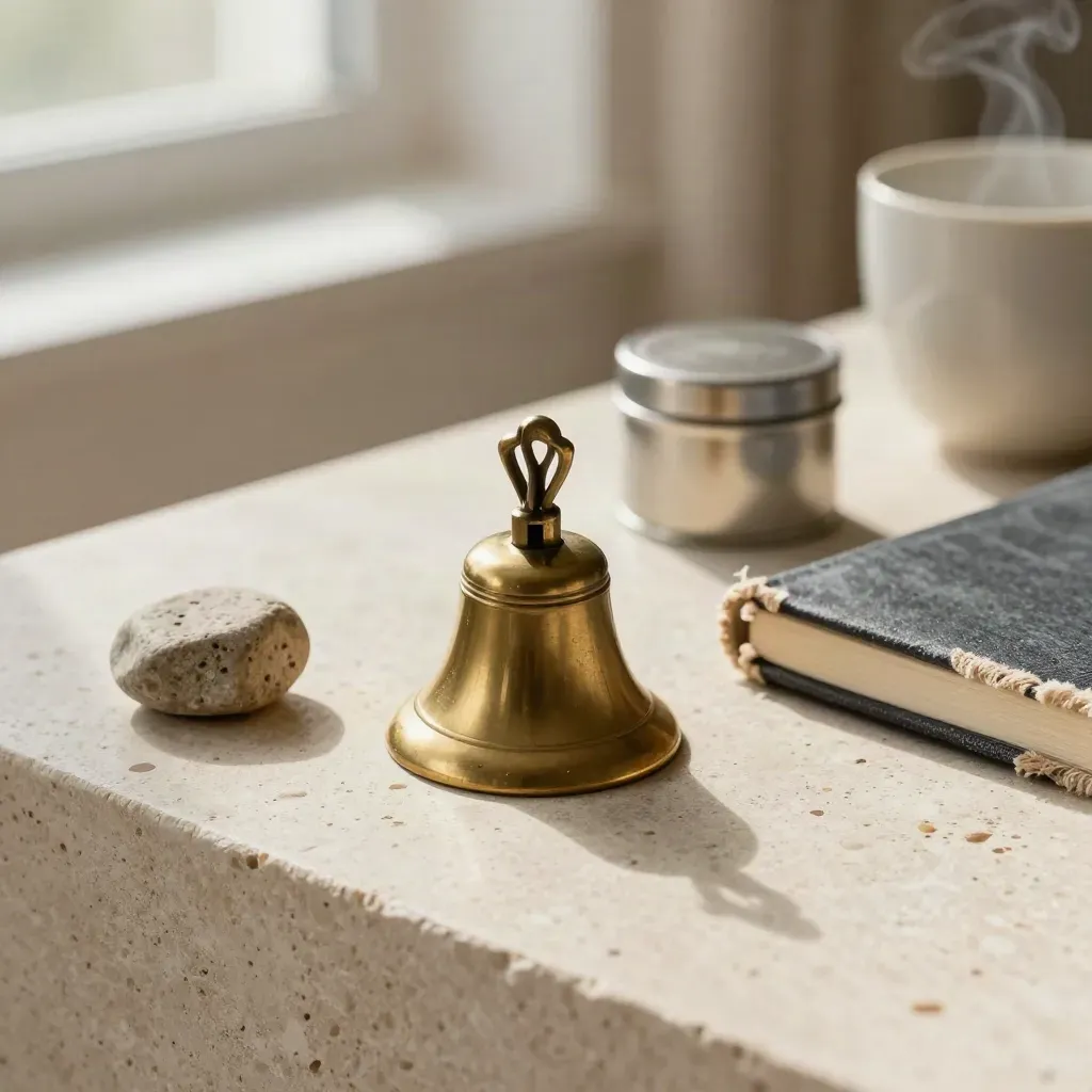 Macro still life of a brass bell, worry stone, linen journal, tea tin and cup on travertine.
