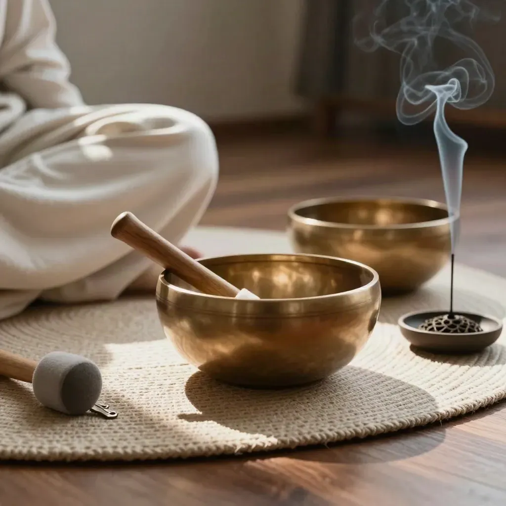 Singing bowl, mallet, incense holder and zafu on a woven studio floor mat.