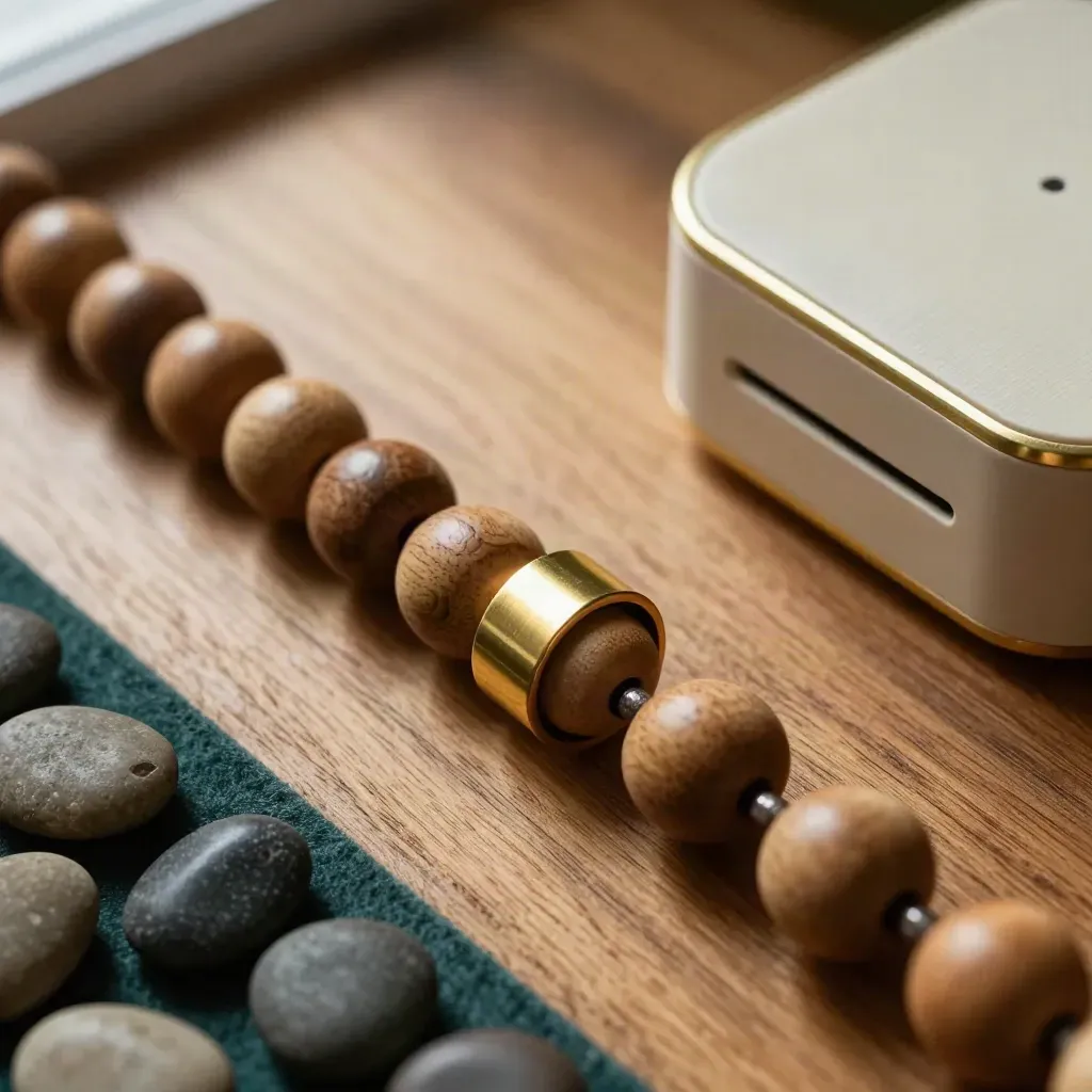 Overhead macro of habit beads, brass tally ring, pebbles and timer on oak with deep teal accent.