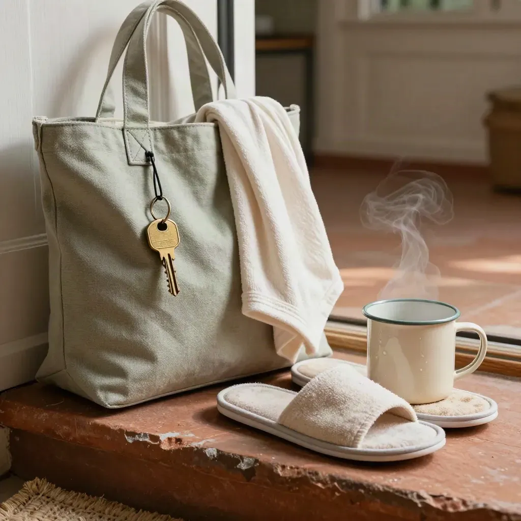 Packed retreat essentials by a misty doorway: canvas tote, key fob, robe tie, slippers and enamel mug.