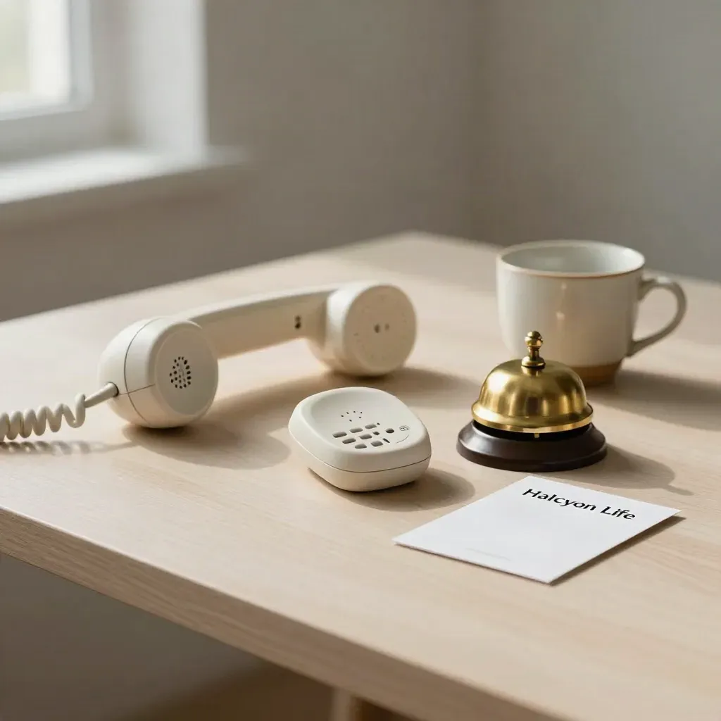 Ivory handset, brass bell, cup, and face-down card on pale wood