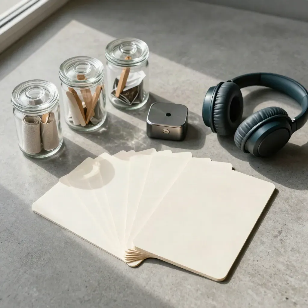 Overhead wellness planning flatlay with cards, jars, headphones and timer on concrete.