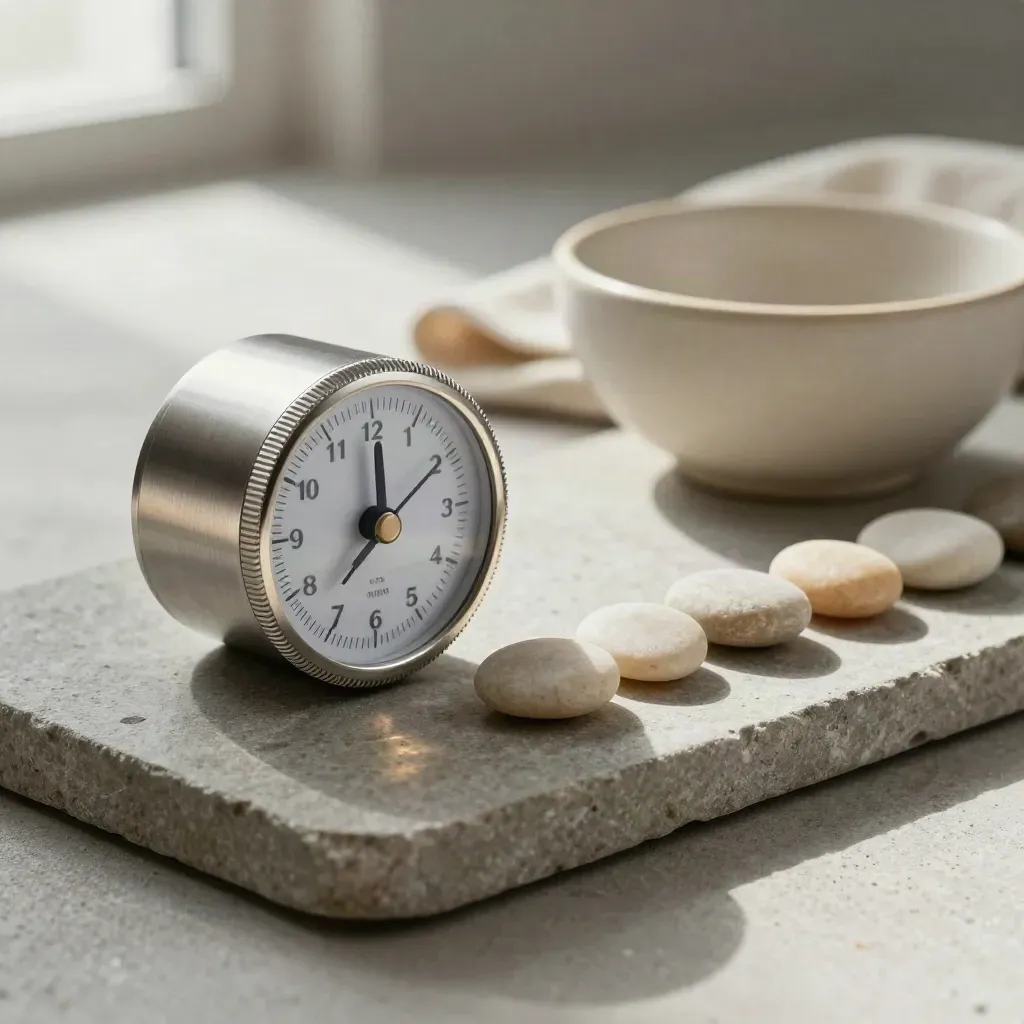 Timer, ceramic bowl and pebbles on a stone tray, one pebble shifting into place.